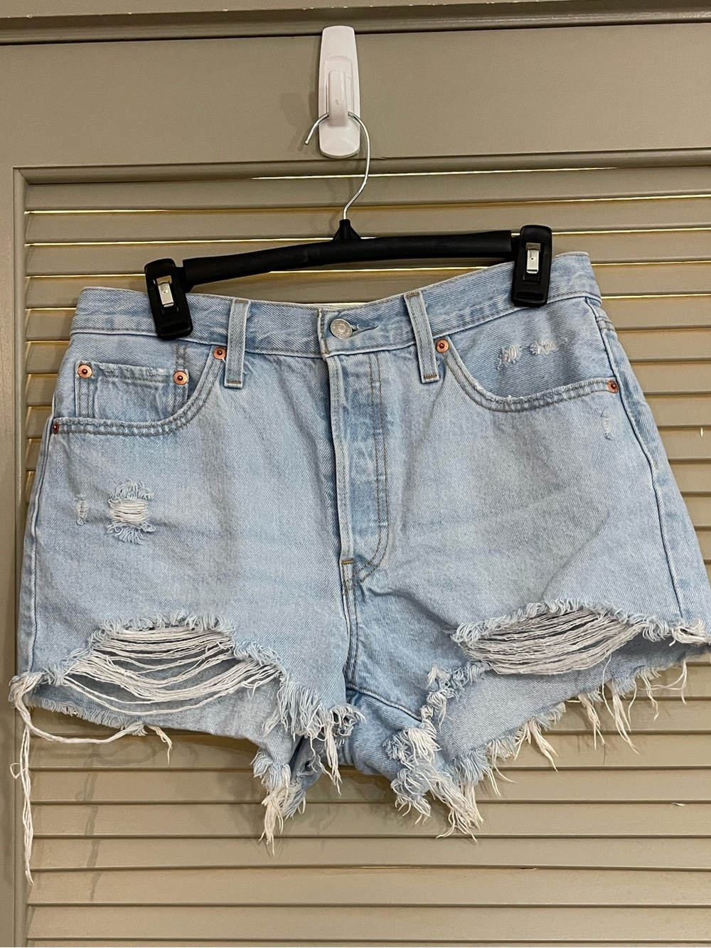 Levi 501 Light Blue Distressed Denim Shorts